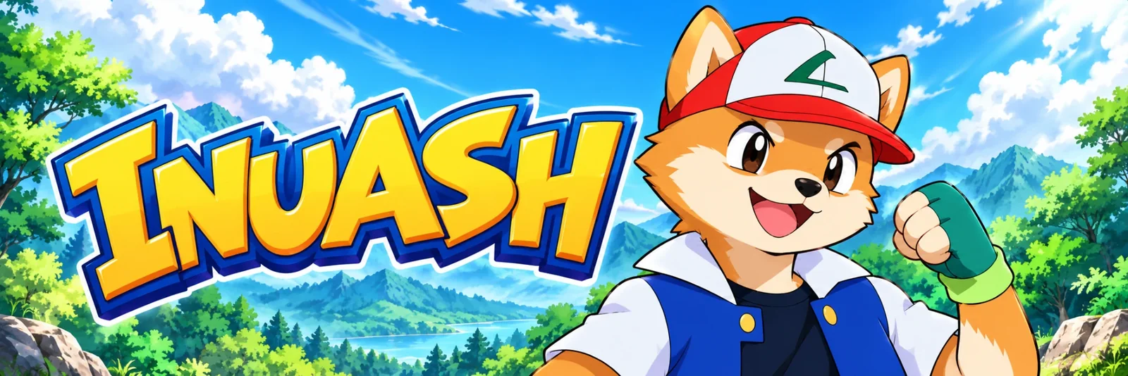 INUASH banner: Inu Ash with his fist up in front of a forest lake
