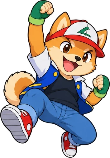 Inu Ash jumping with one fist up